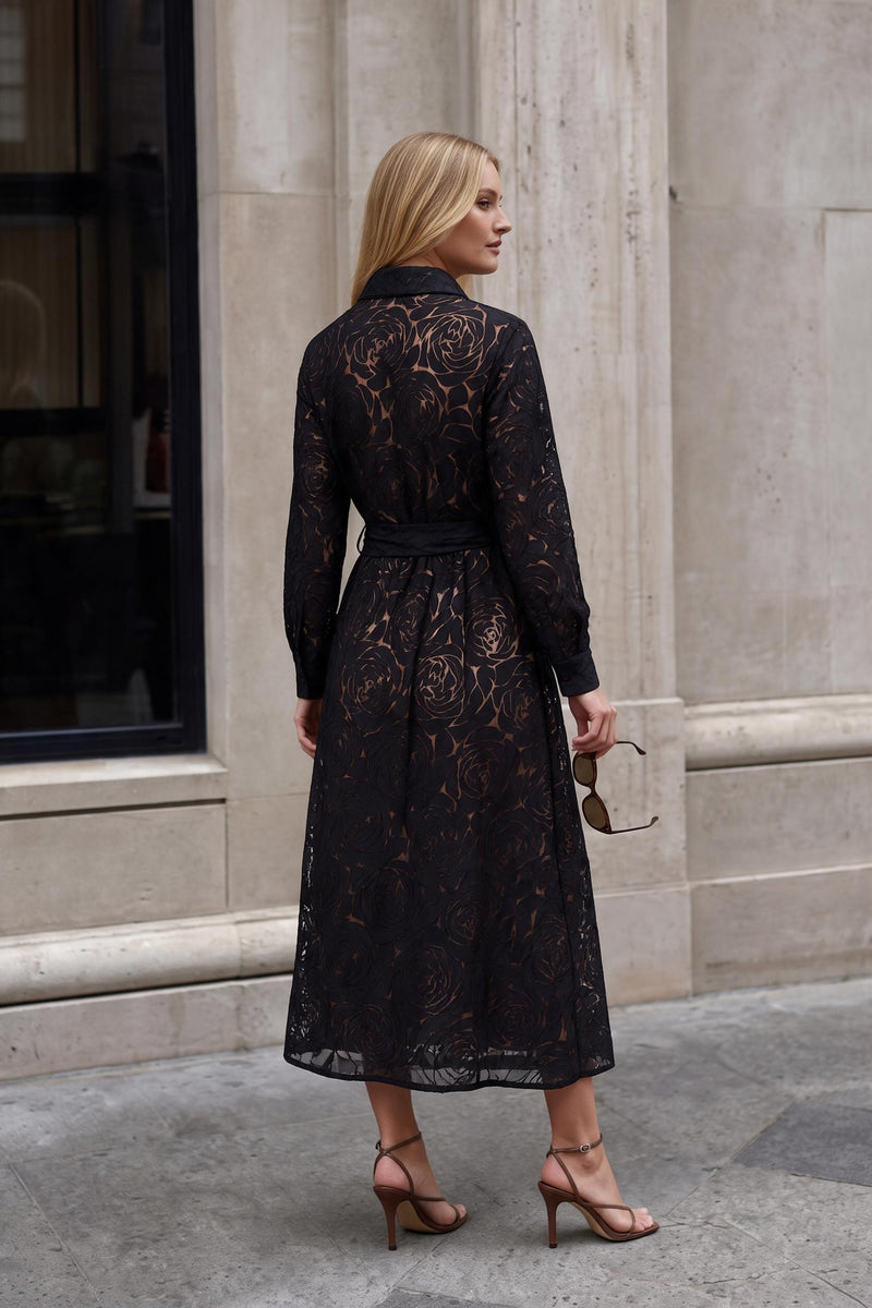 Pleated Waist Shirtdress Black Burnout Pattern