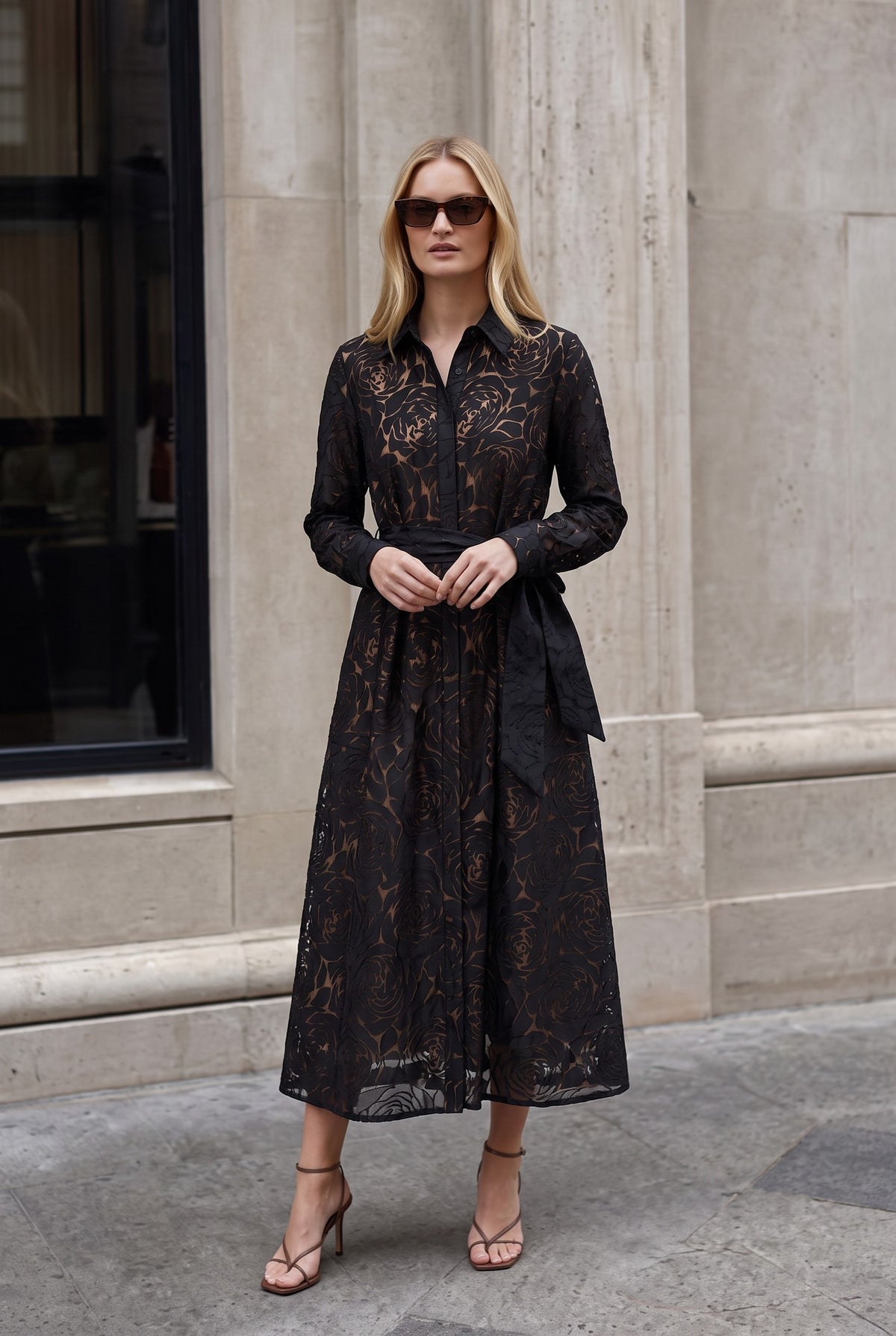 Pleated Waist Shirtdress Black Burnout Pattern