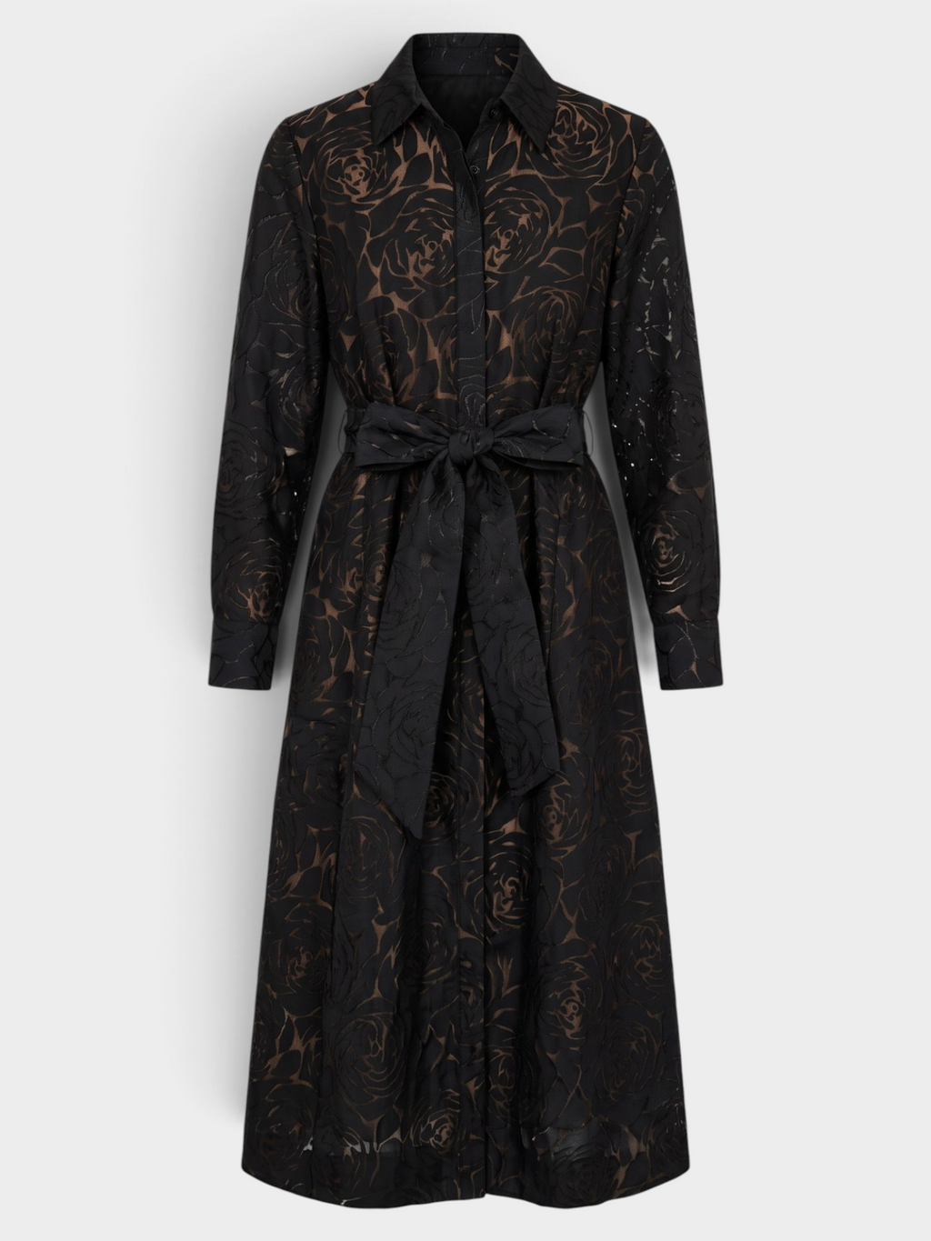 JoyJoy Pleated Waist Shirtdress Black Burnout Pattern Front View Jilli Boutique