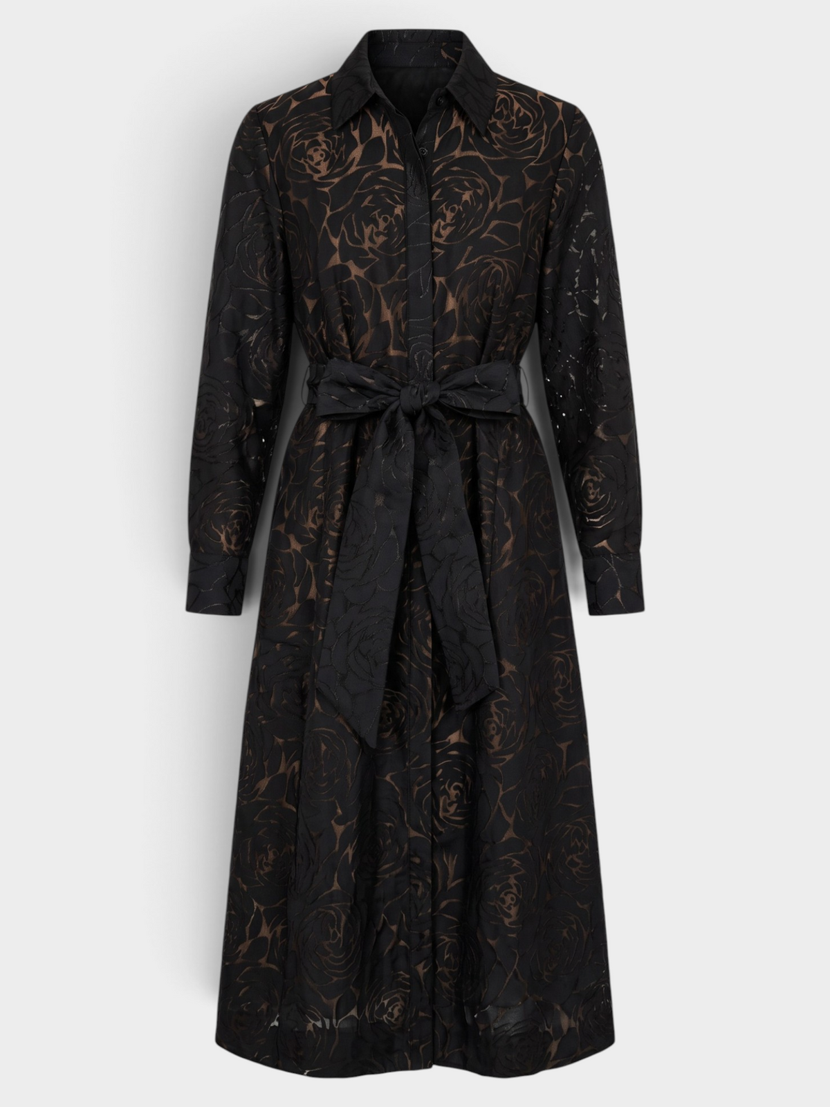 JoyJoy Pleated Waist Shirtdress Black Burnout Pattern Front View Jilli Boutique