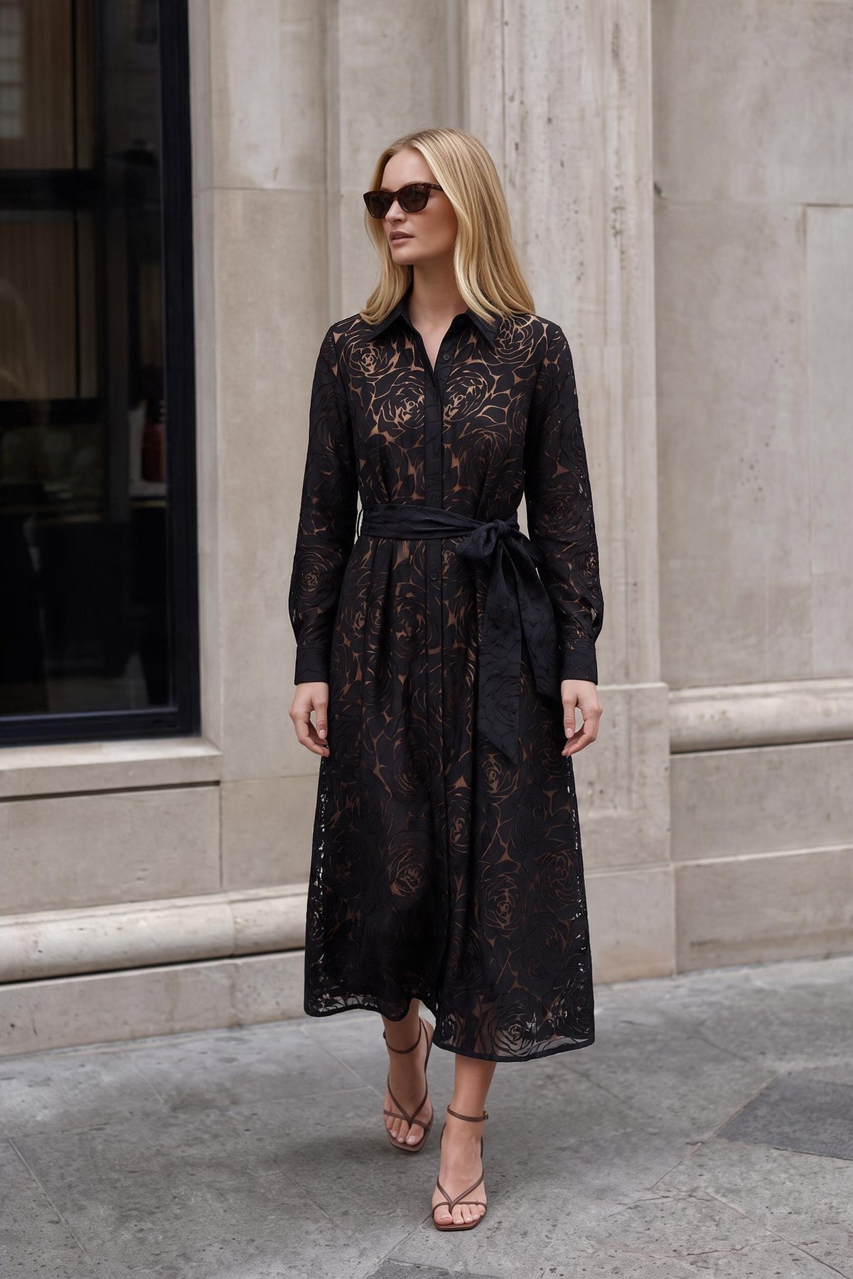 Pleated Waist Shirtdress Black Burnout Pattern