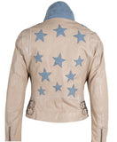 Offwhite Leather Jacket Detailed with Denim Stars