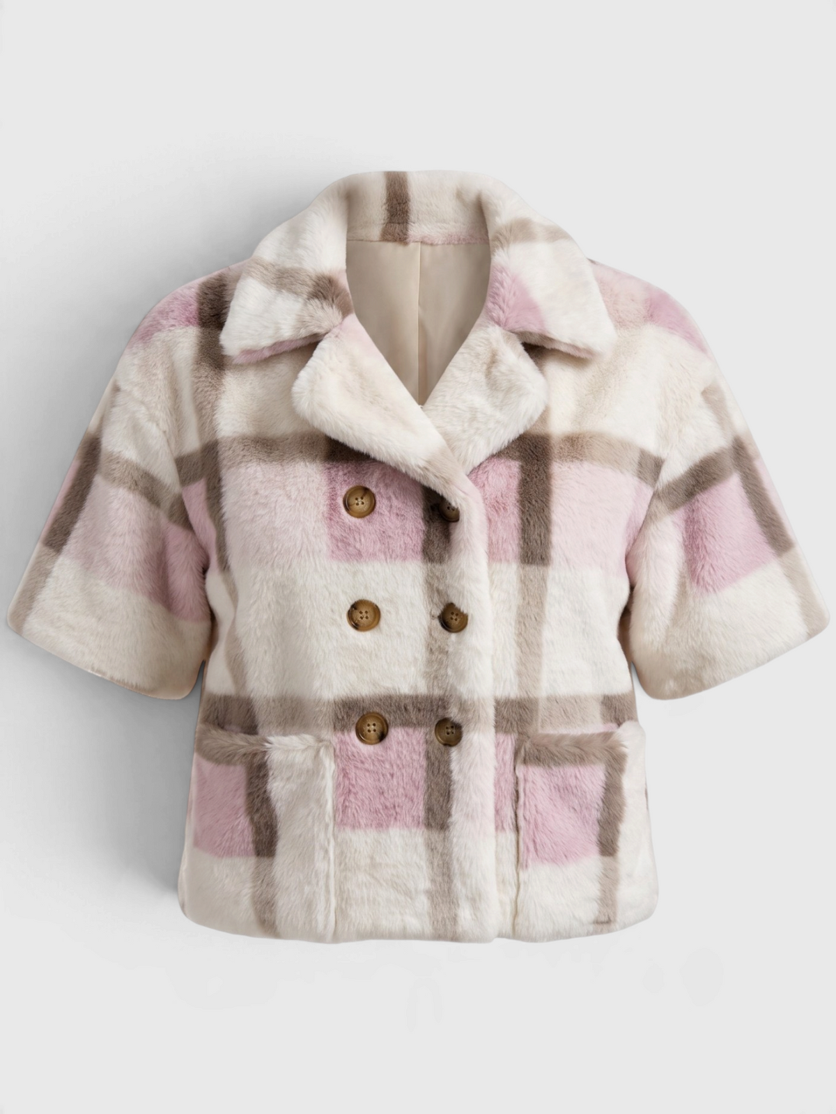 Pink and White Plaid Faux Fur Coat by Ivy Jane