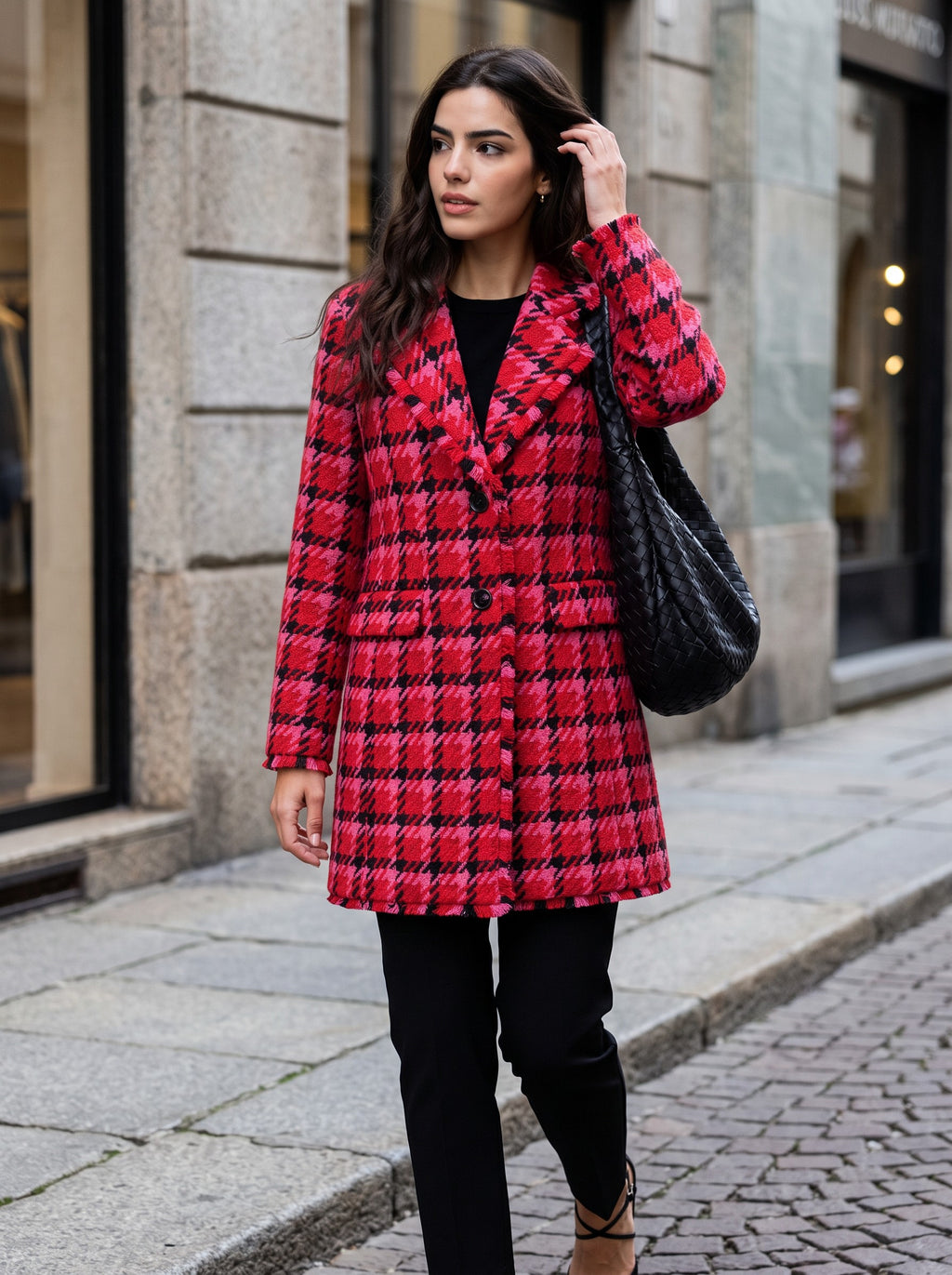 Boho Chic Red Black Houndstooth Jacket