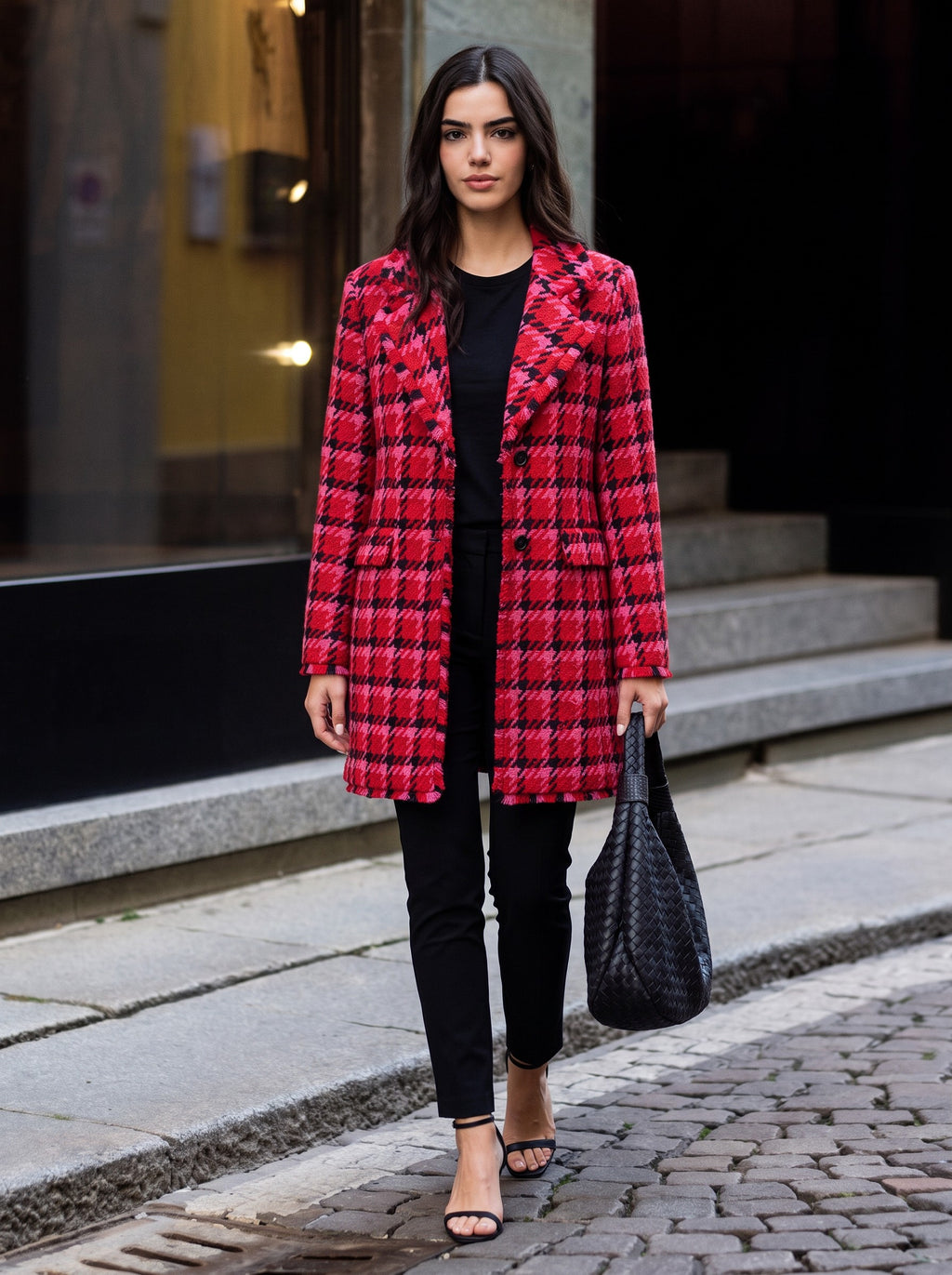Boho Chic Red Black Houndstooth Jacket