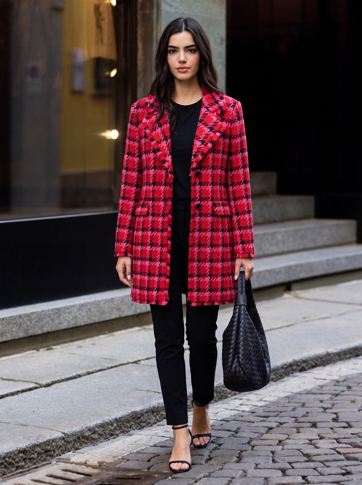 Boho Chic Red Black Houndstooth Jacket