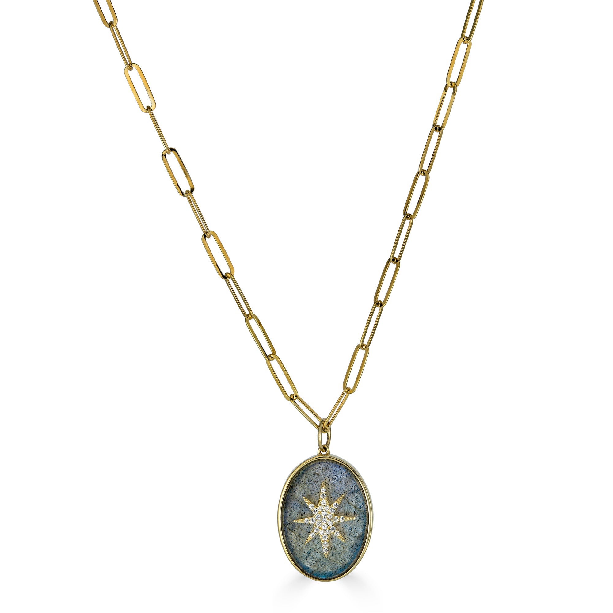 Labradorite and Pave Pendant Necklace Paperclip Chain Jilli Boutique Rachel Reinhardt