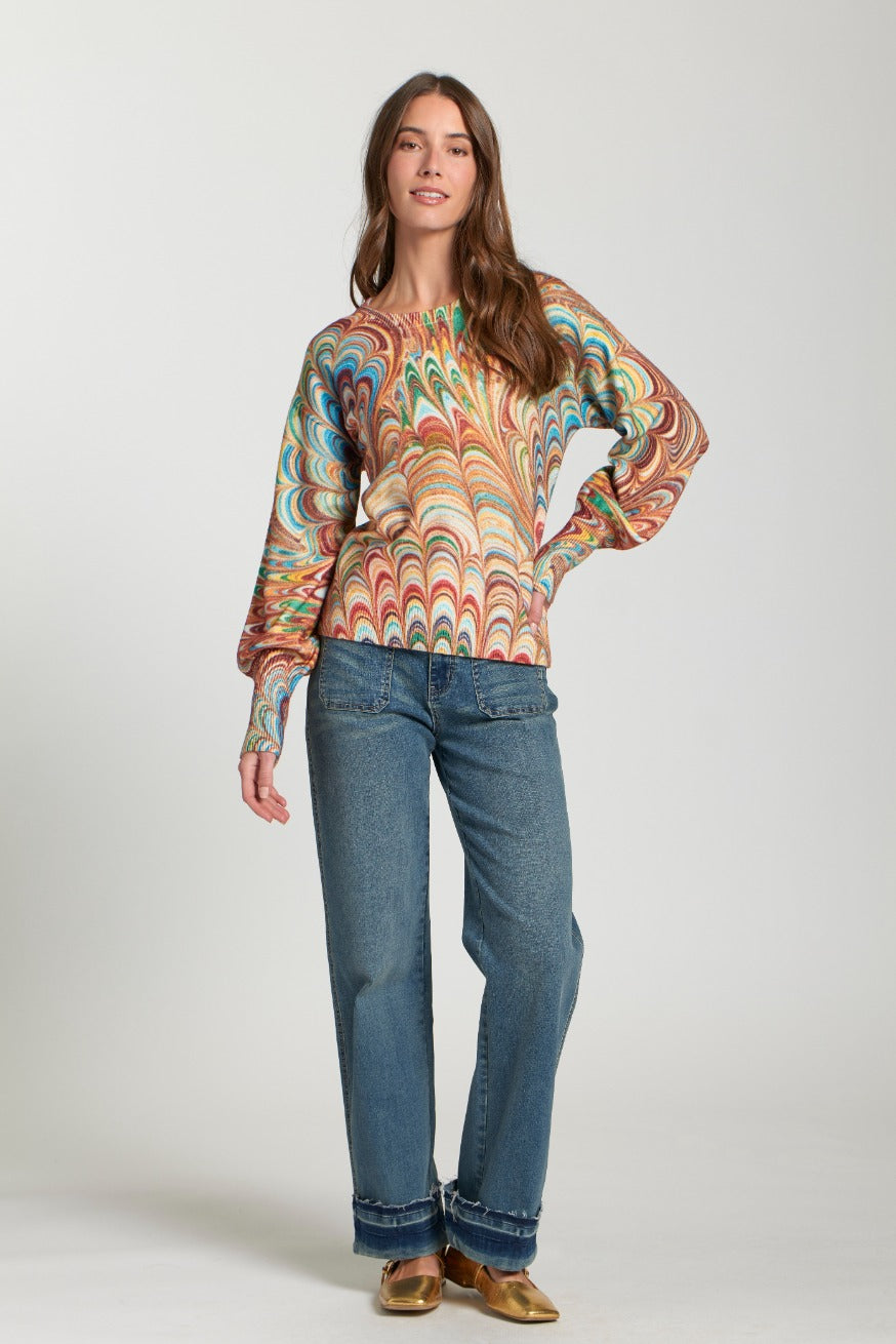 APNY Jilli Boutique Abstract Marble Printed Puff Sleeve Sweater