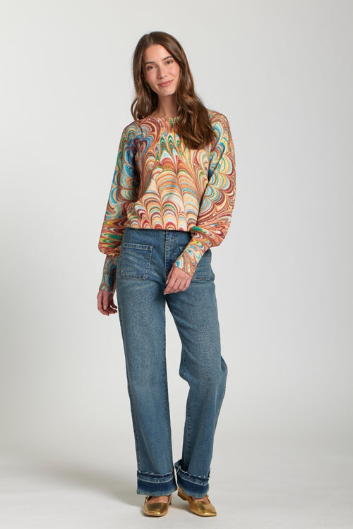 APNY Jilli Boutique Abstract Marble Printed Puff Sleeve Pullover Sweater