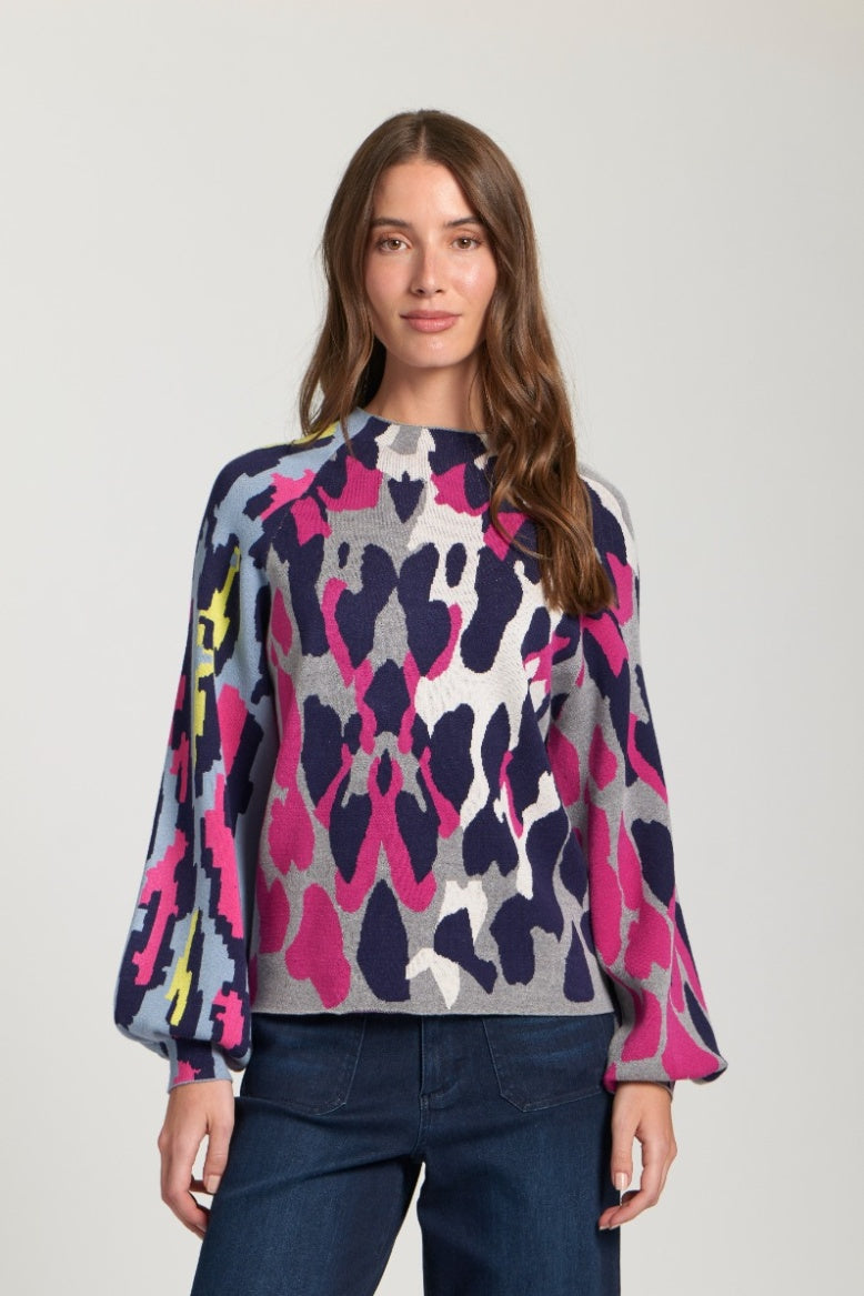 Leopard Funnel Neck Sweater With Puff Sleeve Jilli Boutique APNY